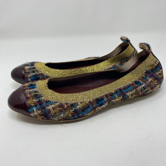 CHANEL Women's Purple and multicolor tweed stretch cap-toe flats Sz 39.5 Preppy - Picture 1 of 12